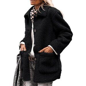 Women’s Black Faux Fur Coat Long Sleeve Lapel Button Down Fleece Sherpa Jacket